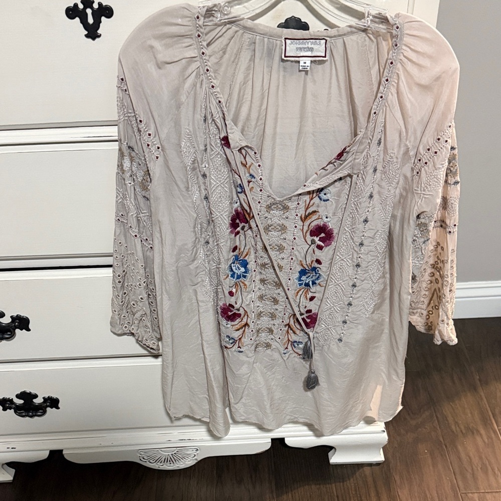 Johnny Was Beige Blouse with Blue and Red Embroidery